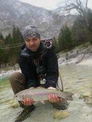 Rainbow trout and Oleg, April fly fishing Slovenia 2019